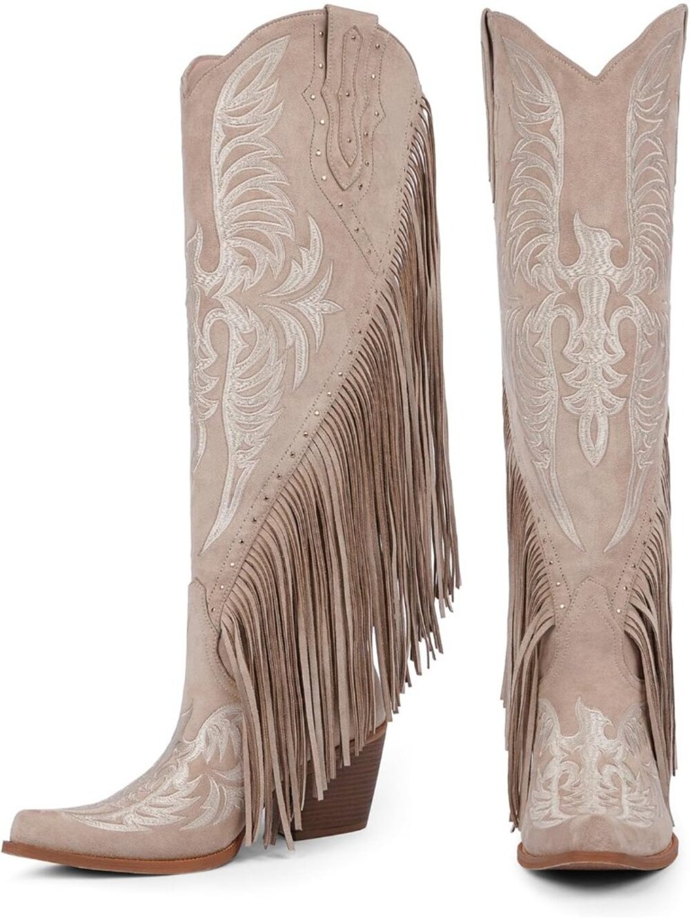 Women's Beige Suede Embroidered Studded Pointed Toe Chunky Heel Knee High Boots - Picture 5 of 6